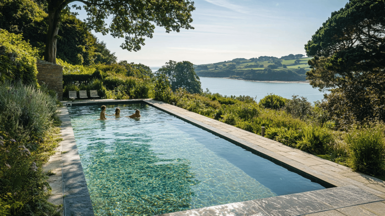 Three people swimming in a rectangular water feature surrounded by lush greenery, with a serene coastline in the distance