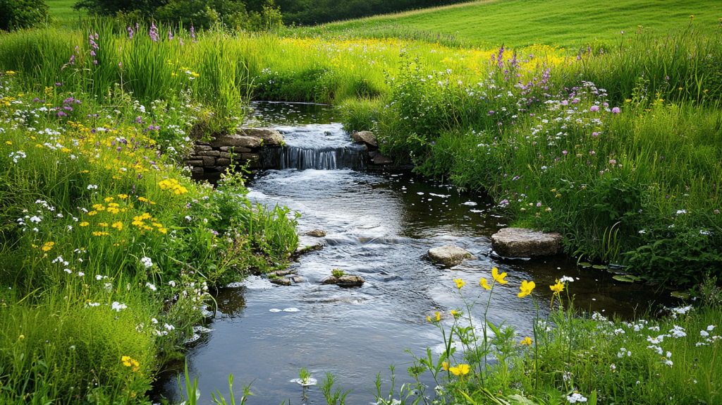 A small, gently cascading stream framed by bright wildflowers and lush green banks in a rolling meadow