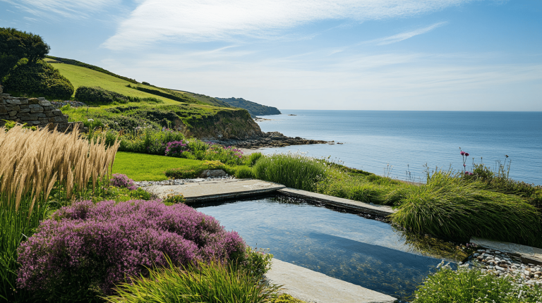 A reflective rectangular pool bordered by lavender heather and tall ornamental grasses, set against a sweeping view of rolling green hills and the ocean in the background