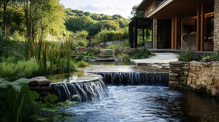 A contemporary building with a stone façade and timber pillars overlooking a multi-tiered water feature framed by lush, flowering foliage and a gently cascading waterfall.