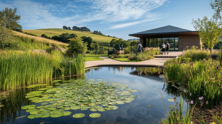 A landscaped pond with lily pads, tall reeds, and a modern building set against rolling hills, where people walk near a timber walkway