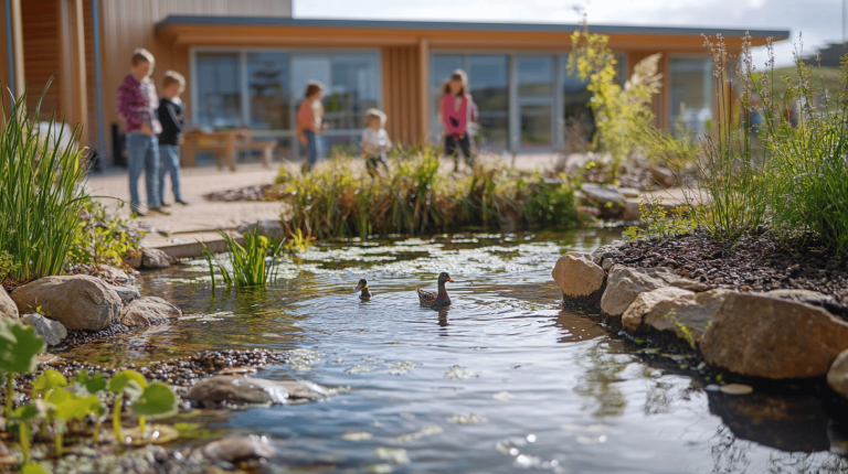 Two ducks swim in a small landscaped pond surrounded by rocks and aquatic plants, with children standing in the background near a modern building