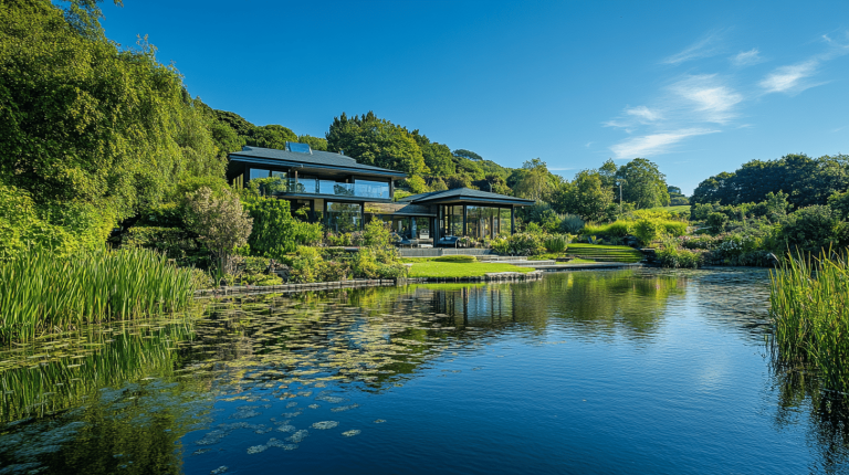A contemporary house with extensive glass frontage nestled among lush greenery, overlooking a tranquil pond fringed by aquatic plants
