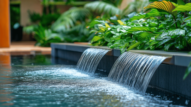 Water flowing from rectangular spouts into a serene pool, framed by lush green foliage