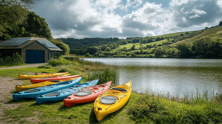 A row of brightly coloured kayaks on a grassy lakeside beside a stone building with solar panels and gentle rolling hills in the background