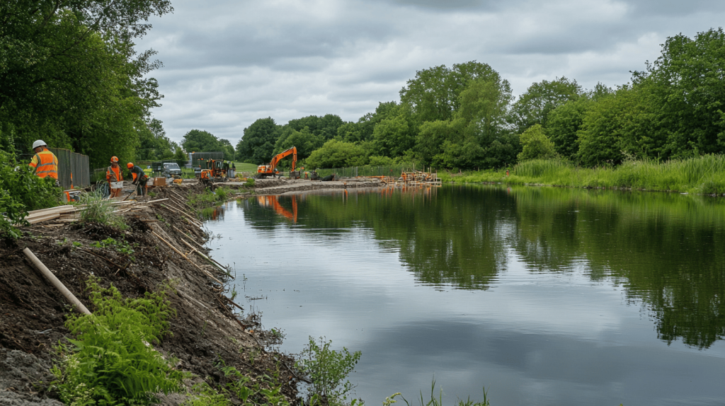 Infographic showing the impact of lake construction on environmental assessments and brand perception with statistics, such as 70% public preference for eco-friendly brands and 55% better water quality post-assessment.