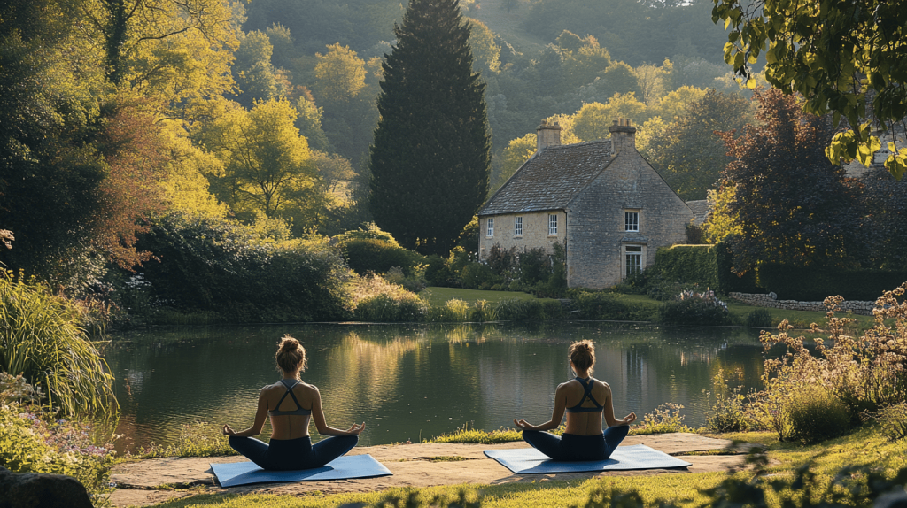 Illustration showcasing the benefits of community heritage and lakes in wellness retreats, including local job support, heritage sites, and water-based activities.