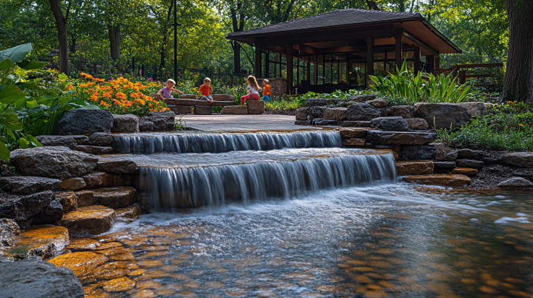 Multiple cascading water steps surrounded by vibrant flowers and greenery, with a pavilion in the background where a small group is seated on stone benches