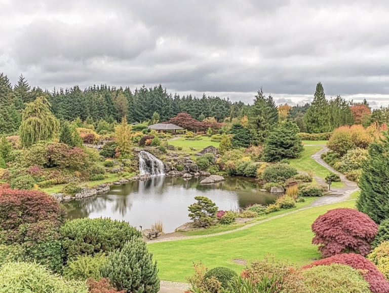 A peaceful garden with a reflective pond and a gentle waterfall, surrounded by vibrant autumn foliage and neatly trimmed shrubs in a rolling green expanse