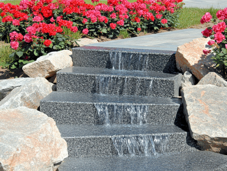 Tiered granite steps with water flowing over each level, framed by large rocks and rows of pink blossoms