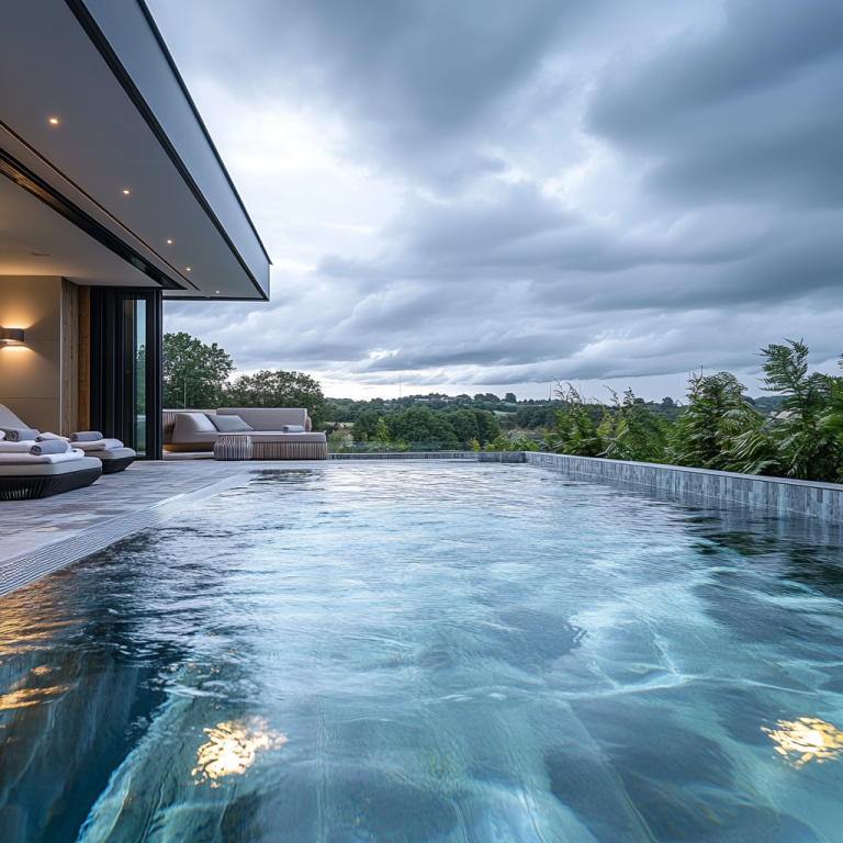 A sleek infinity pool adjoining a modern terrace with plush seating, overlooking lush countryside beneath moody grey clouds.