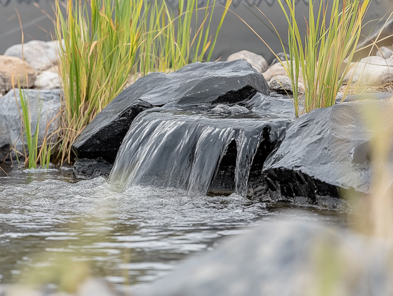 A close-up view of water gently cascading over dark stone slabs into a landscaped pond, with slender green reeds along the edge