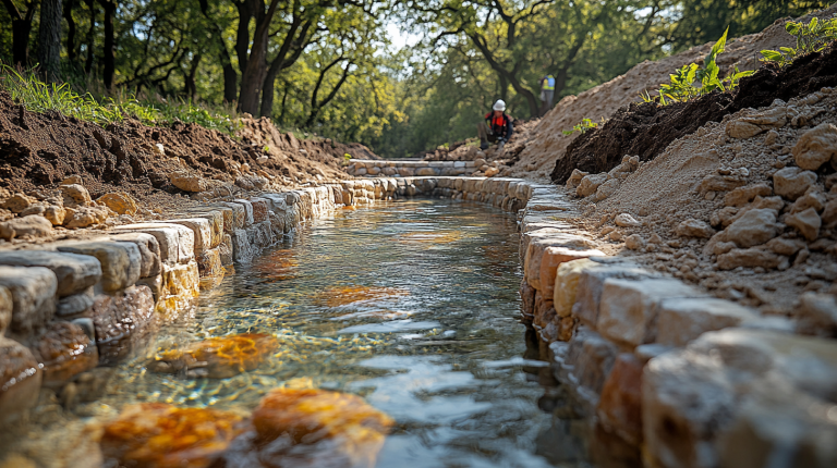 A newly constructed shallow water channel lined with stones in a forested area, with a worker wearing a helmet visible in the background