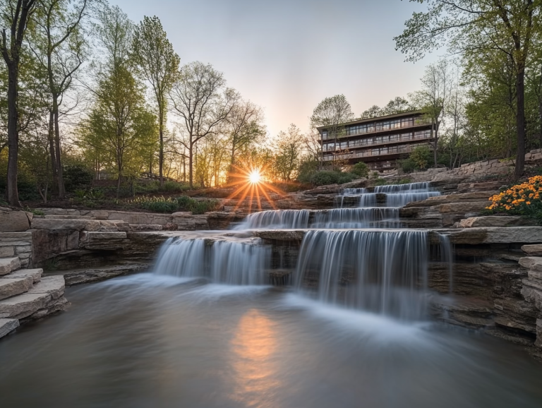Sunlit waterfalls cascading over stone terraces, surrounded by tall trees and a modern multi-storey building on an upper slope