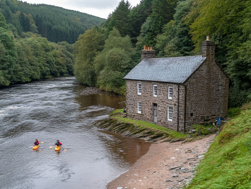 A rustic stone house on a wooded riverbank alongside two kayakers paddling on calm water
