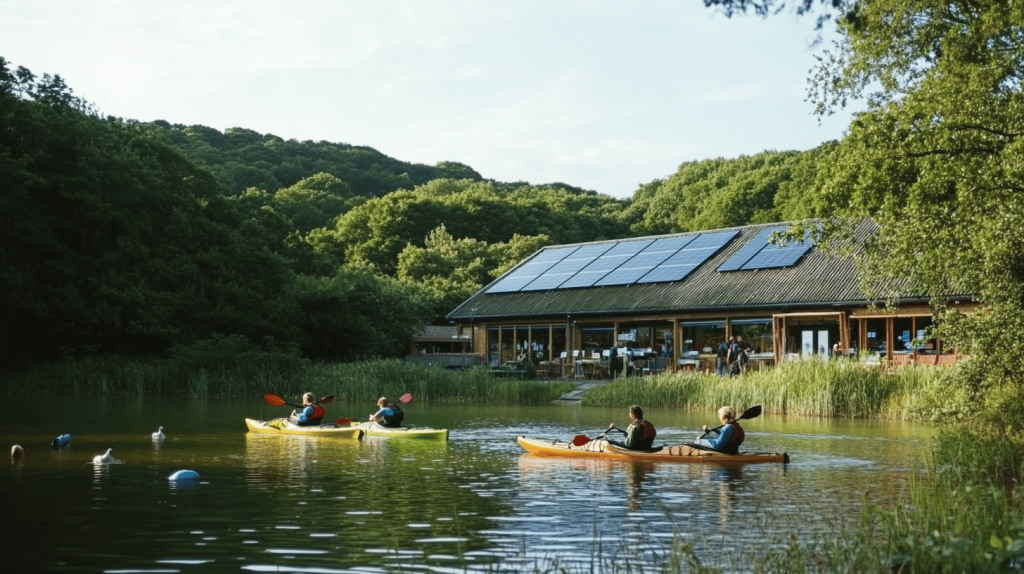 Infographic highlighting outdoor brand initiatives to protect lakes, including pH level improvement, plastic reduction, sensitive zone mapping, and pollutant trends.