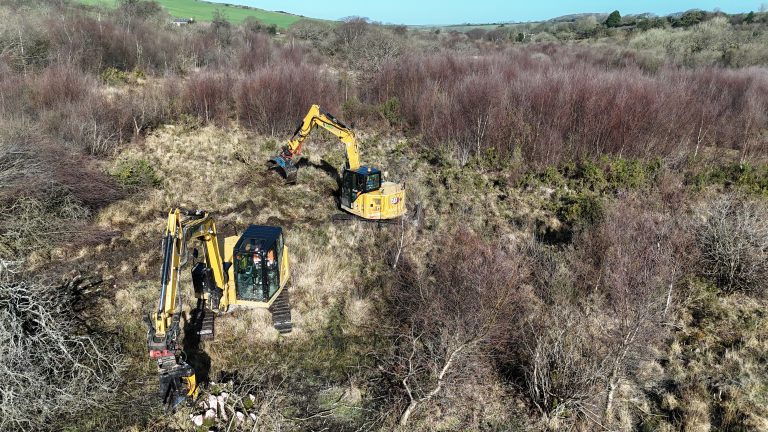 Two Caterpillar excavators working in Cornwall
