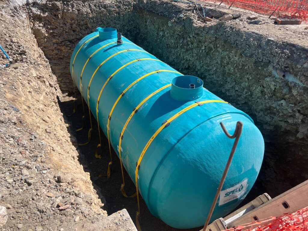 Underground leachate tank in position before backfilling during civil engineering works at a waste transfer station in Tavistock, Devon.