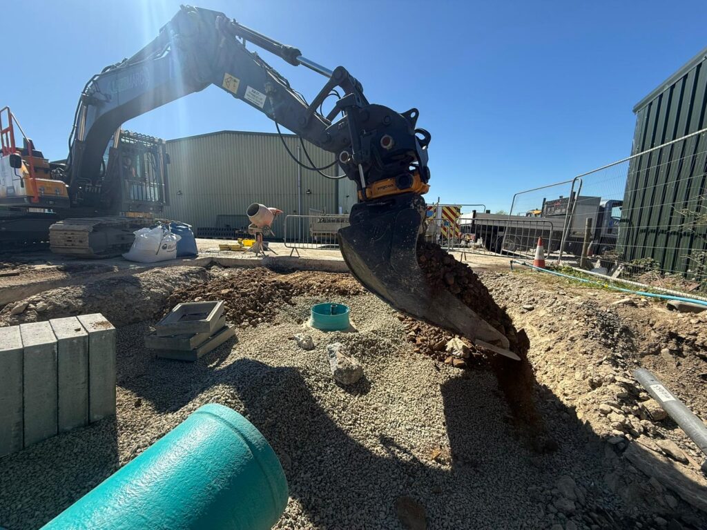 Concrete reinstatement and groundworks following underground leachate tank installation.