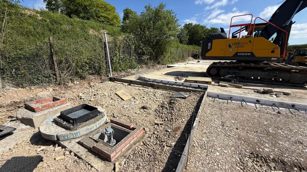 Manhole covers installed as part of a civil engineering and drainage project at a recycling centre in Tavistock, Devon.